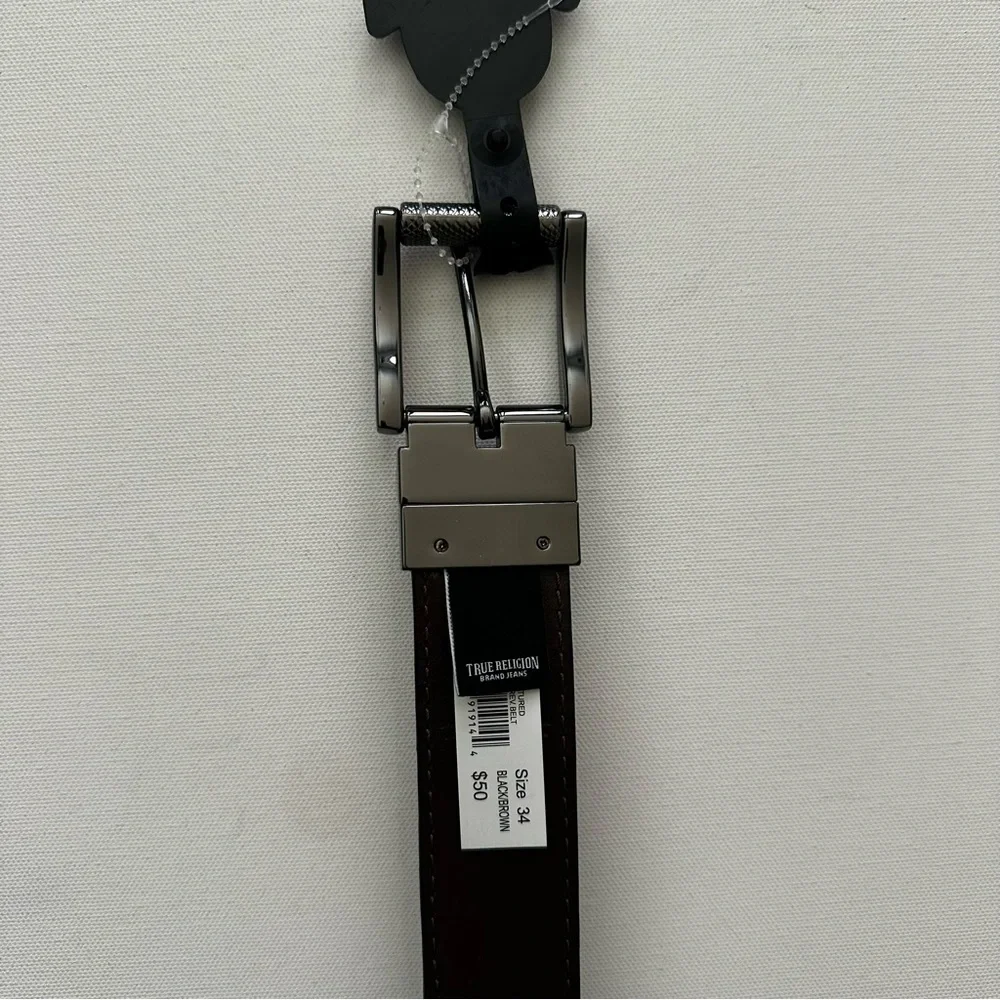 True Religion Black Men’s Reversible Belt with Polished Gunmetal Buckle Size 34